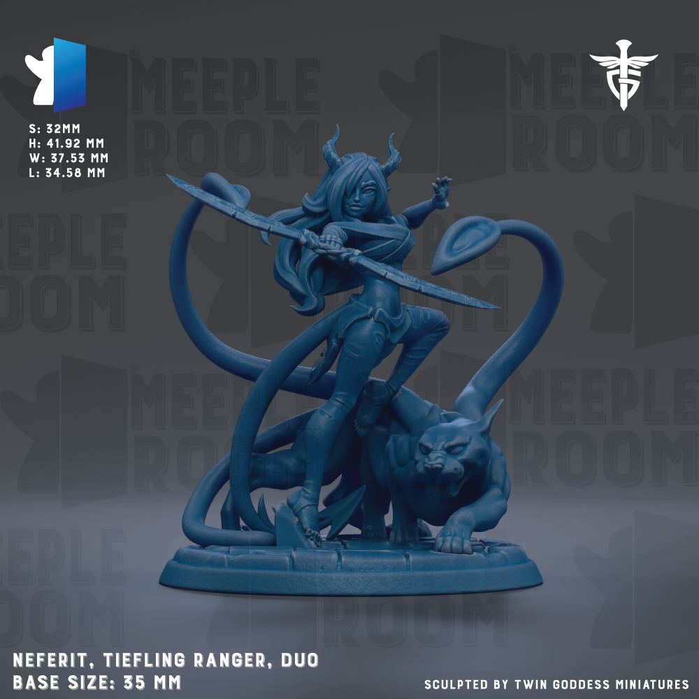 The image is a figurine of a female character, likely a ranger, wielding a sword and surrounded by a large serpent. The figurine is set against a dark background with the text "MEEPLE ROOM" repeated multiple times. The base size of the figurine is 35mm.