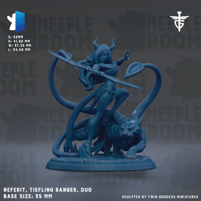 The image is a figurine of a female character, likely a ranger, wielding a sword and surrounded by a large serpent. The figurine is set against a dark background with the text "MEEPLE ROOM" repeated multiple times. The base size of the figurine is 35mm.