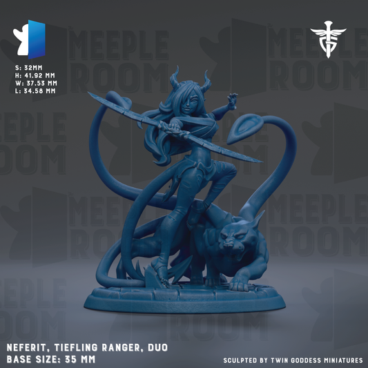 The image is a figurine of a female character, likely a ranger, wielding a sword and surrounded by a large serpent. The figurine is set against a dark background with the text "MEEPLE ROOM" repeated multiple times. The base size of the figurine is 35mm.