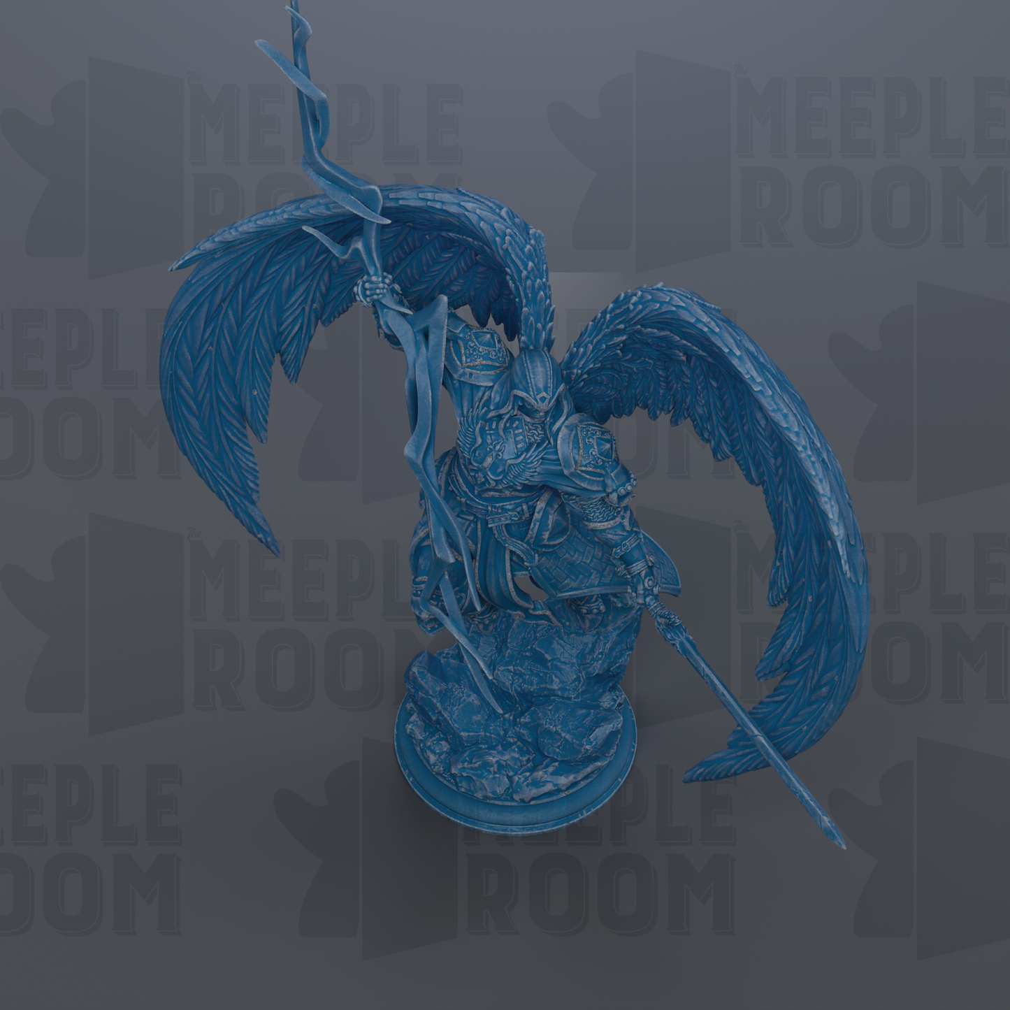 A blue, winged figurine with a sword and shield stands prominently against a dark background with repeated "MEUPLE ROOM" text.