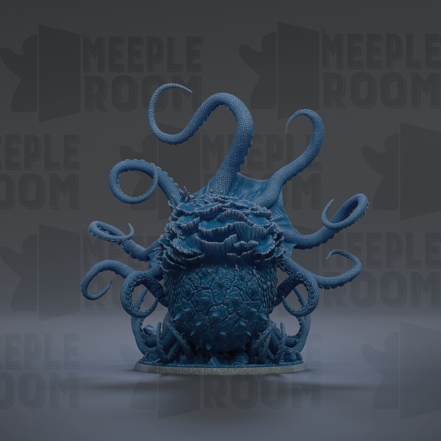 A large, blue, octopus-like creature with multiple tentacles, resembling a squid or octopus, is the central focus of the image.