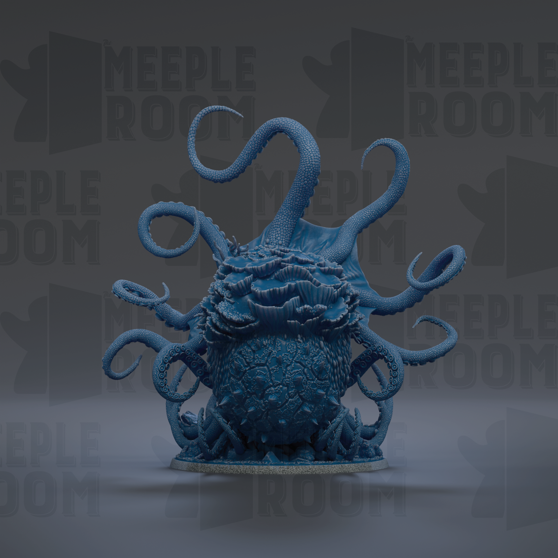 A large, blue, octopus-like creature with multiple tentacles, resembling a squid or octopus, is the central focus of the image.