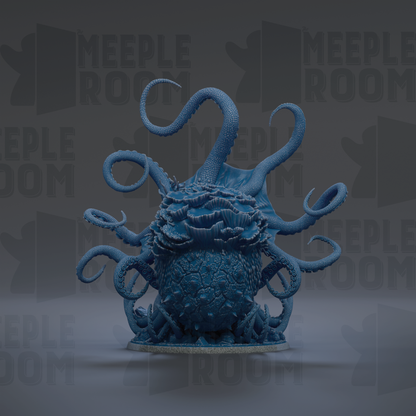 A large, blue, octopus-like creature with multiple tentacles, resembling a squid or octopus, is the central focus of the image.