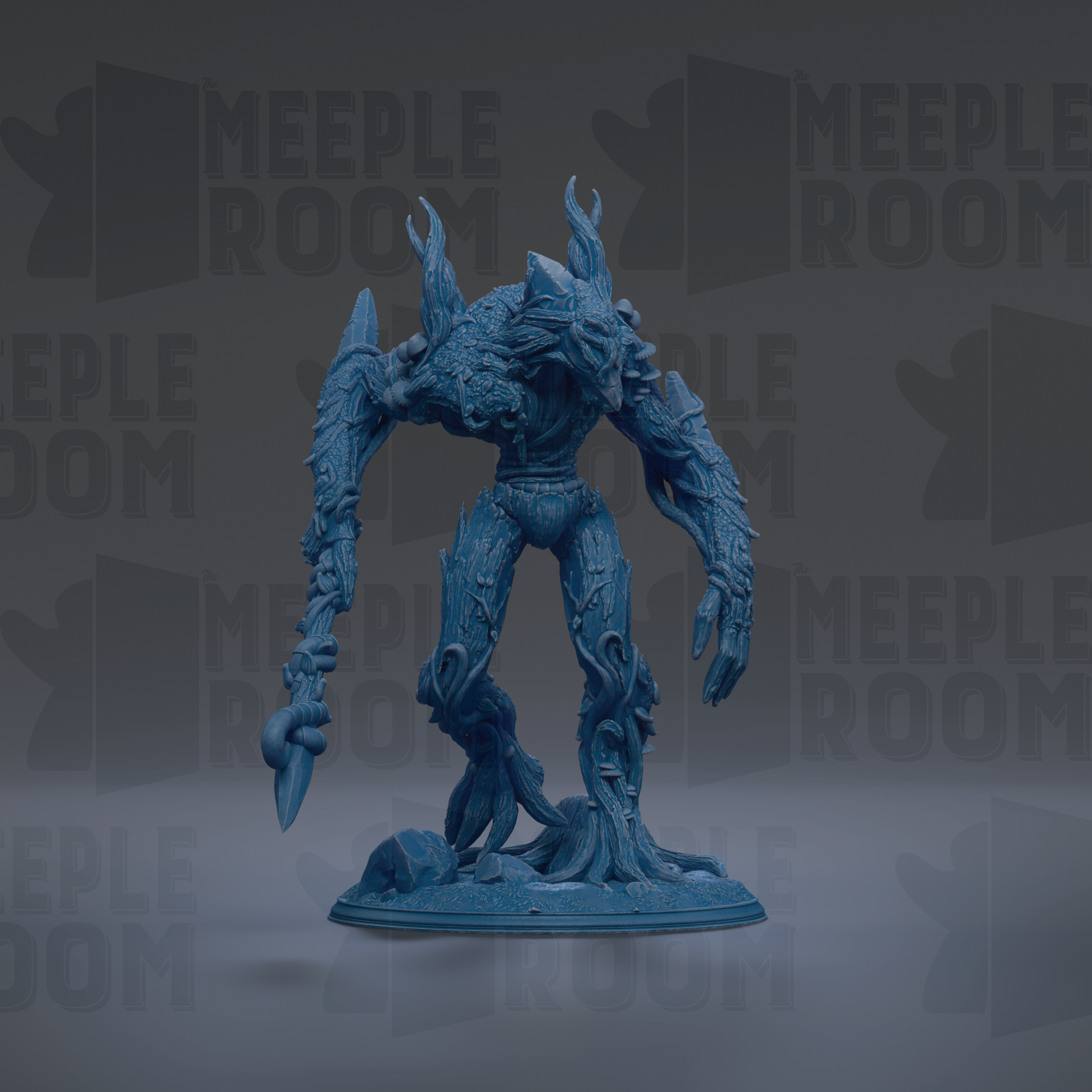A blue, 3D-rendered monster figurine with intricate, organic-looking features stands prominently in the center of the image.