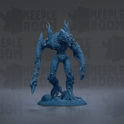 A blue, 3D-rendered monster figurine with intricate, organic-looking features stands prominently in the center of the image.