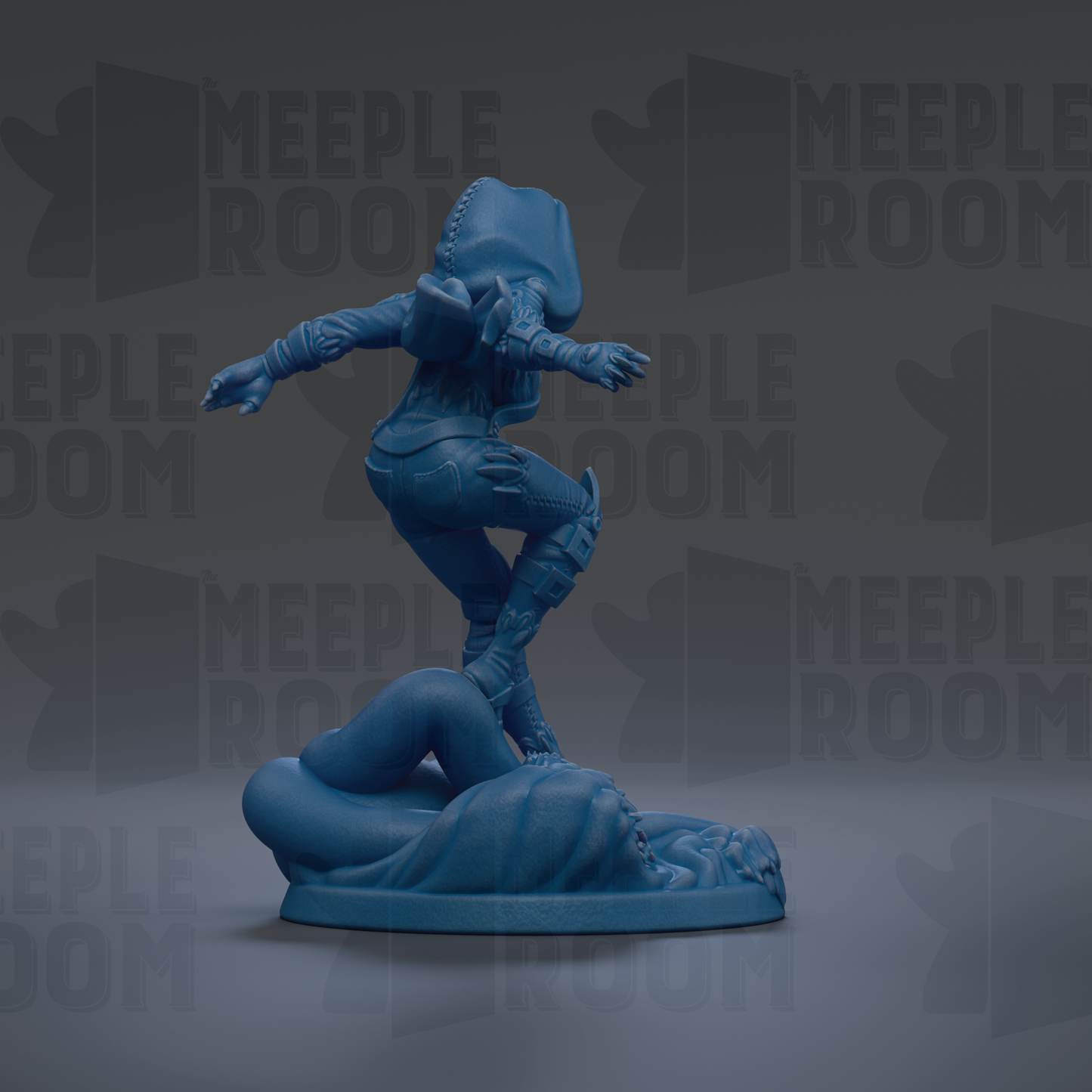 A blue figurine of a person standing on a platform, with a dark background that has the word "MEUPLE ROOM" repeated multiple times.