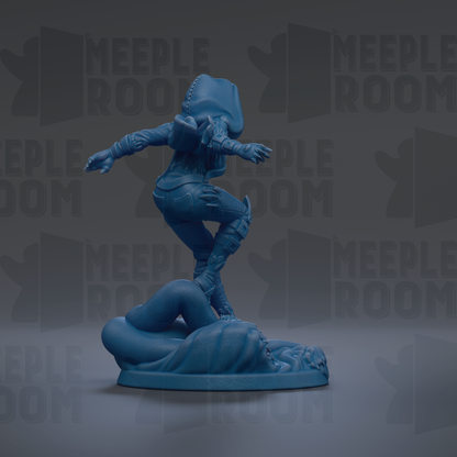 A blue figurine of a person standing on a platform, with a dark background that has the word "MEUPLE ROOM" repeated multiple times.