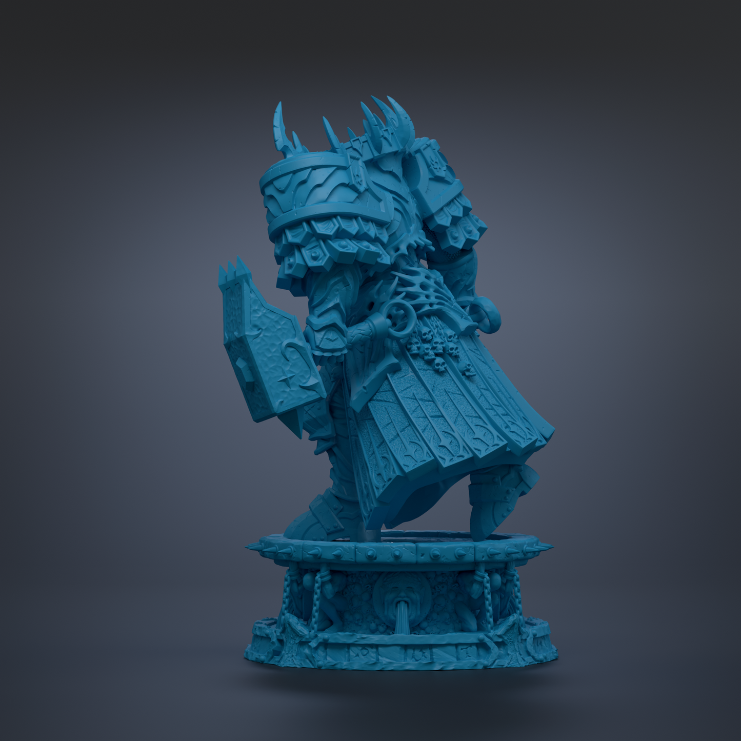 A blue, 3D-rendered statue of a warrior figure with a sword and shield, standing on a pedestal.