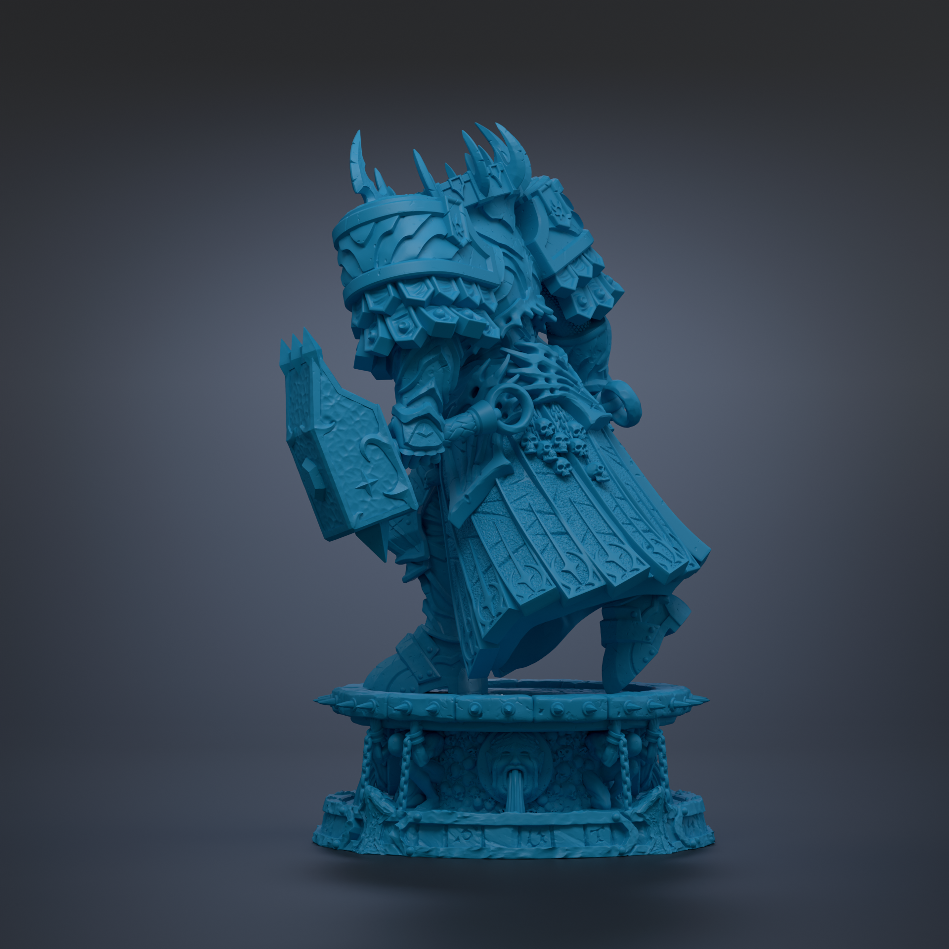 A blue, 3D-rendered statue of a warrior figure with a sword and shield, standing on a pedestal.