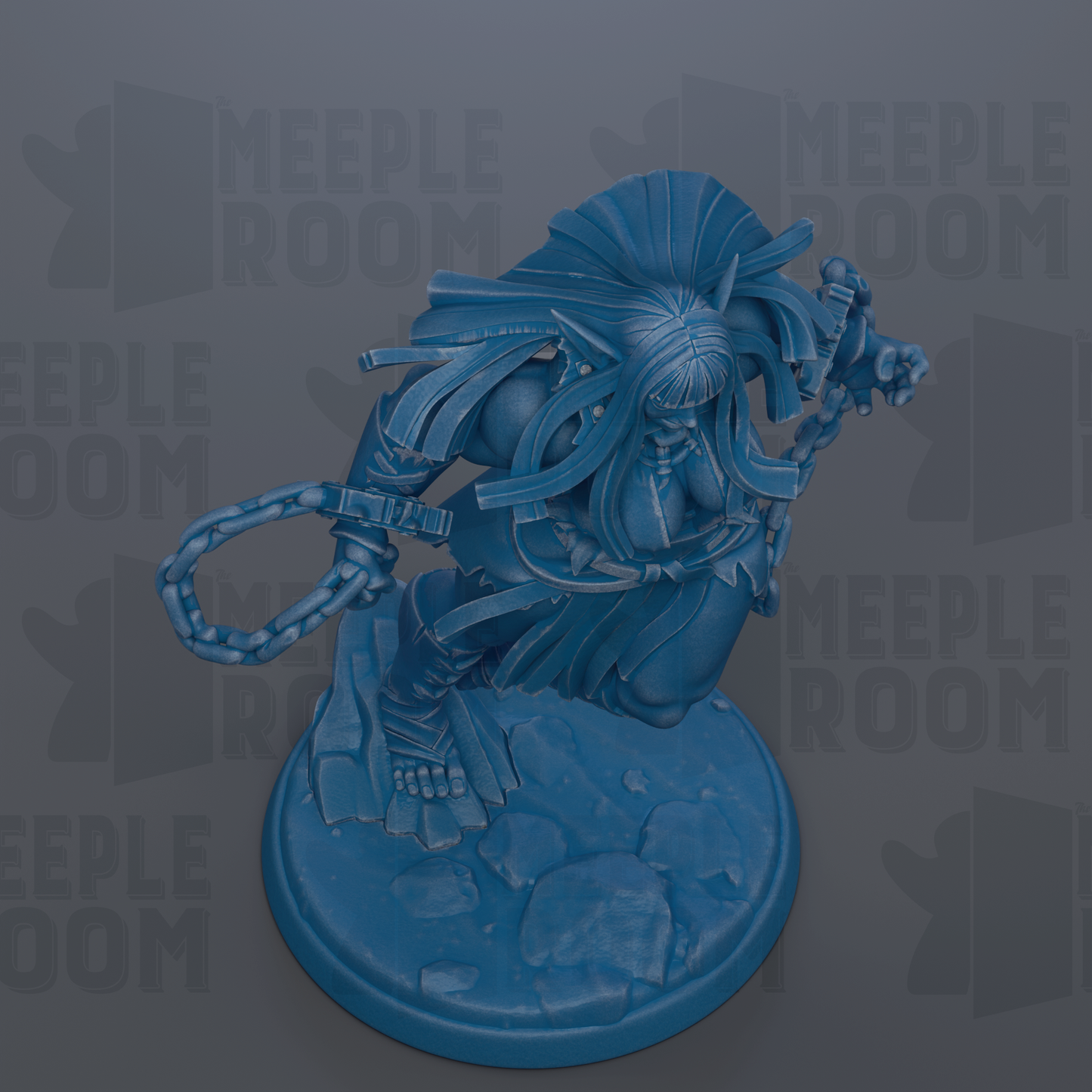 A blue figurine of a character with long hair and a distinctive hairstyle, holding a weapon, is depicted in the image.