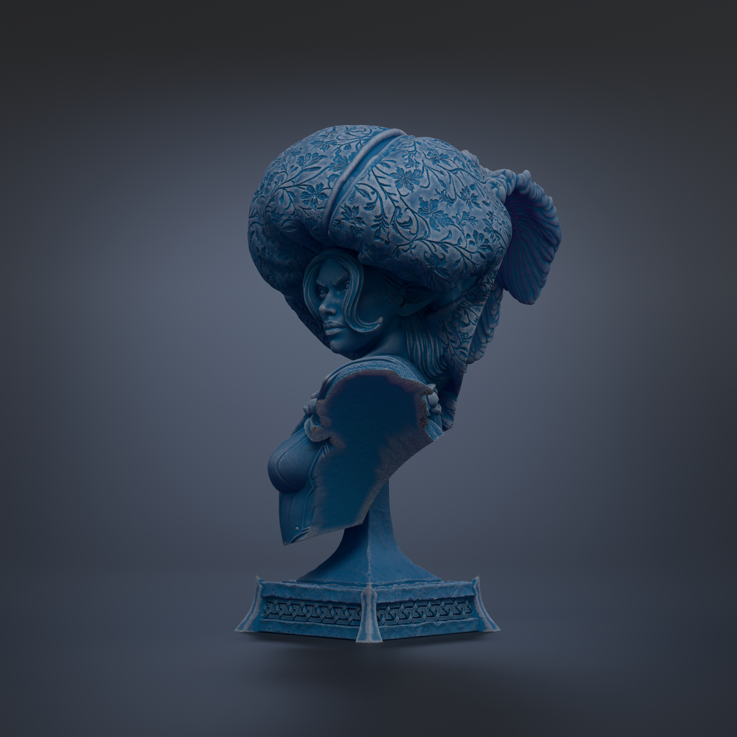 A blue bust sculpture with a large, intricate headdress on top, set against a dark background.