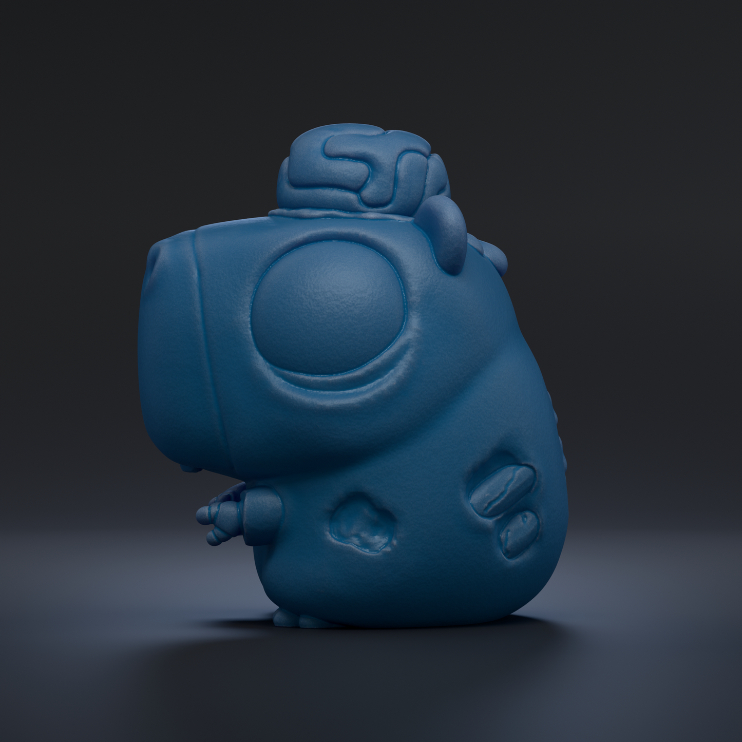 A blue, cartoon-like creature with a large head and a smaller body, standing on one leg against a dark background.