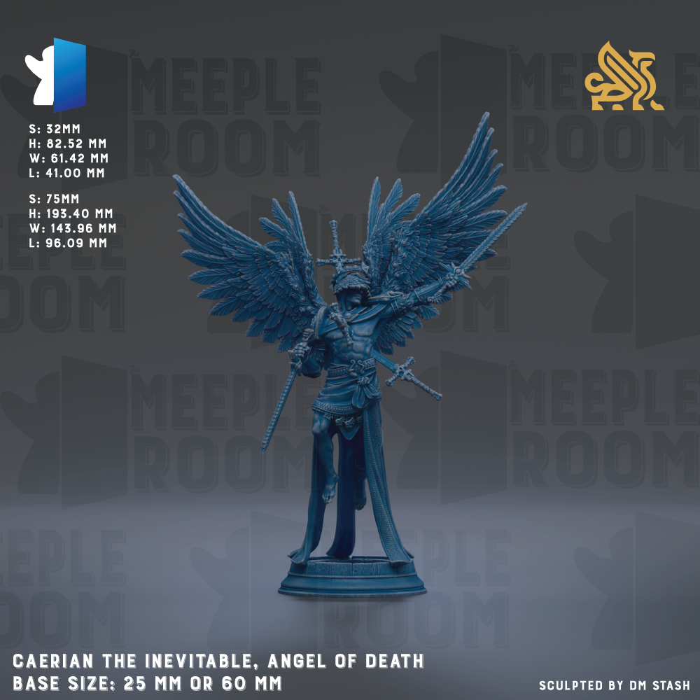 a statue of a winged figure with a sword, possibly representing a deity or angel. The statue is described as "CAERIAN THE INEVITABLE, ANGEL OF DEATH" and has a base size of either 25mm or 60mm. The image is a collage of multiple images, and the phrase "Sculpted by DM Stash" is mentioned at the bottom.