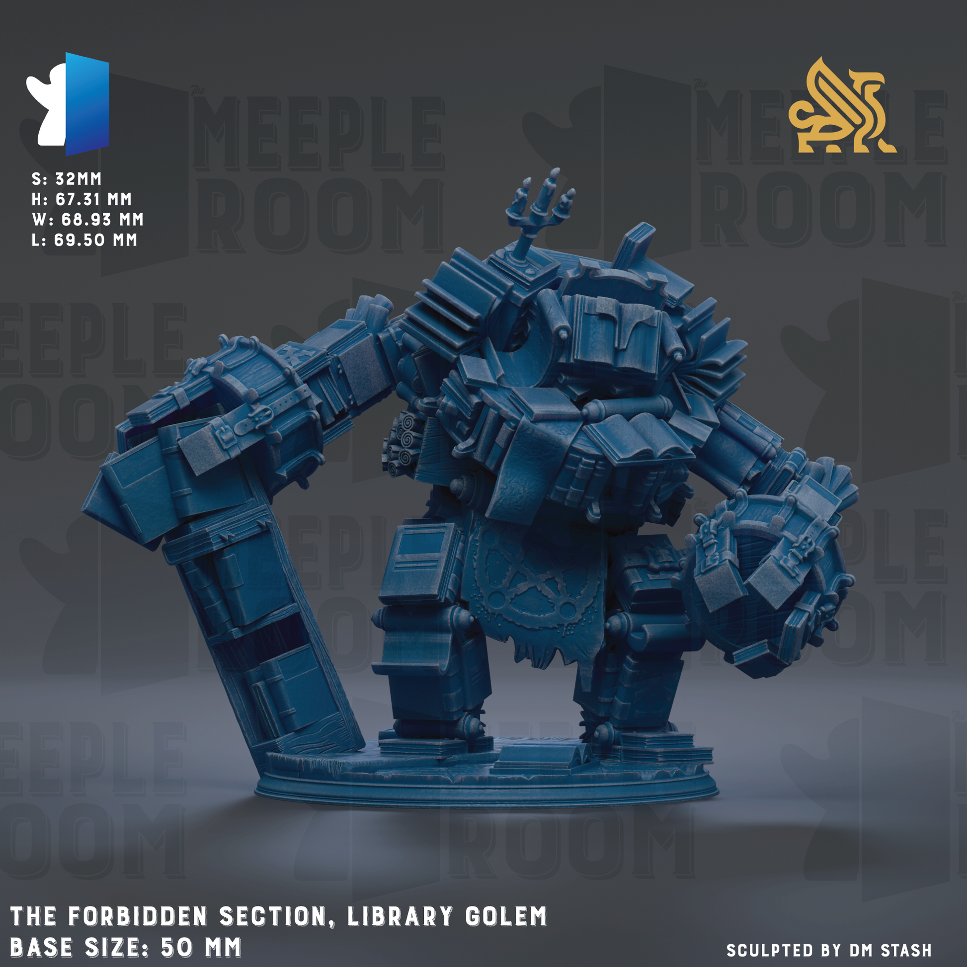a blue, mechanical robot or machine with various mechanical components and parts, including a large arm and legs. The robot appears to be a library golem or library-like structure, with a focus on the " Forbidden Section" and "Library Golem" sections. The base sizes of the robot are 50 mm.