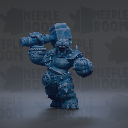 A blue, armored fantasy character with a large hammer in its hand, standing in a dark environment.