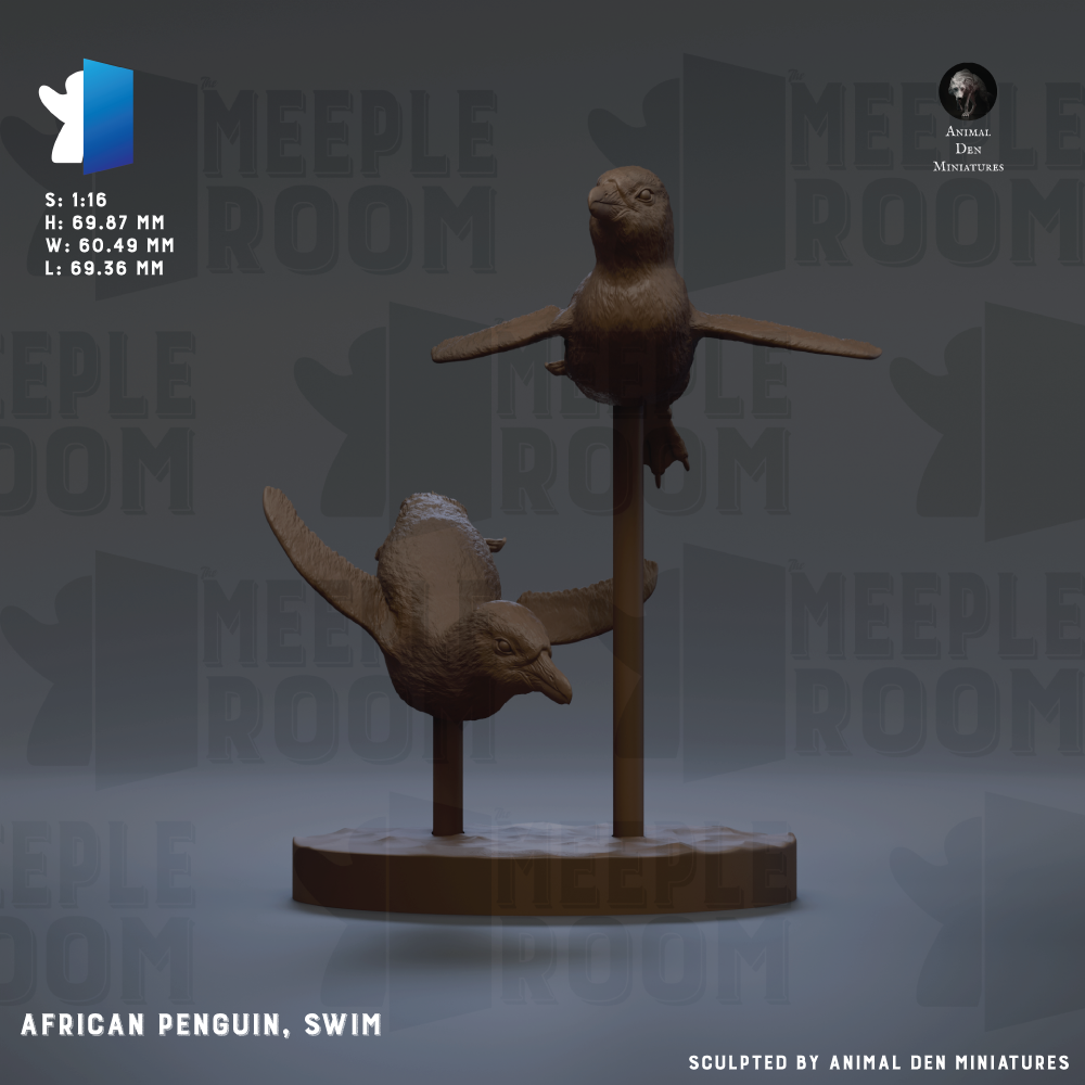 two African penguins, one standing and one swimming, on a circular base.