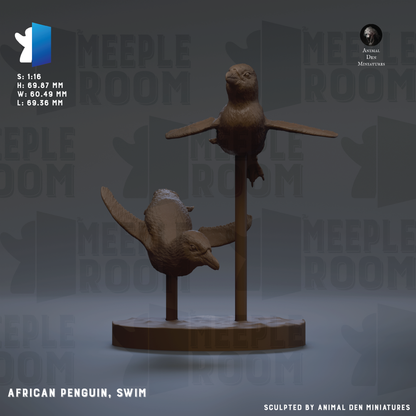 two African penguins, one standing and one swimming, on a circular base.
