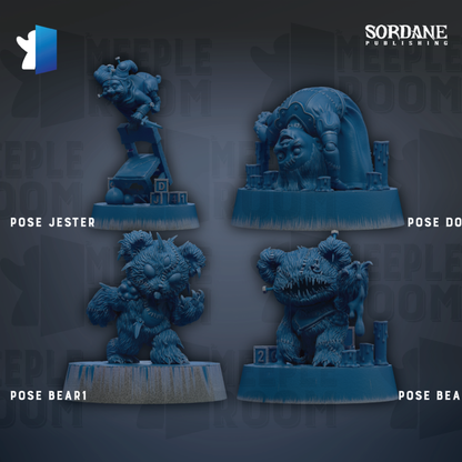 four figurines of bears, each with a different pose, arranged in a grid-like pattern against a dark background.