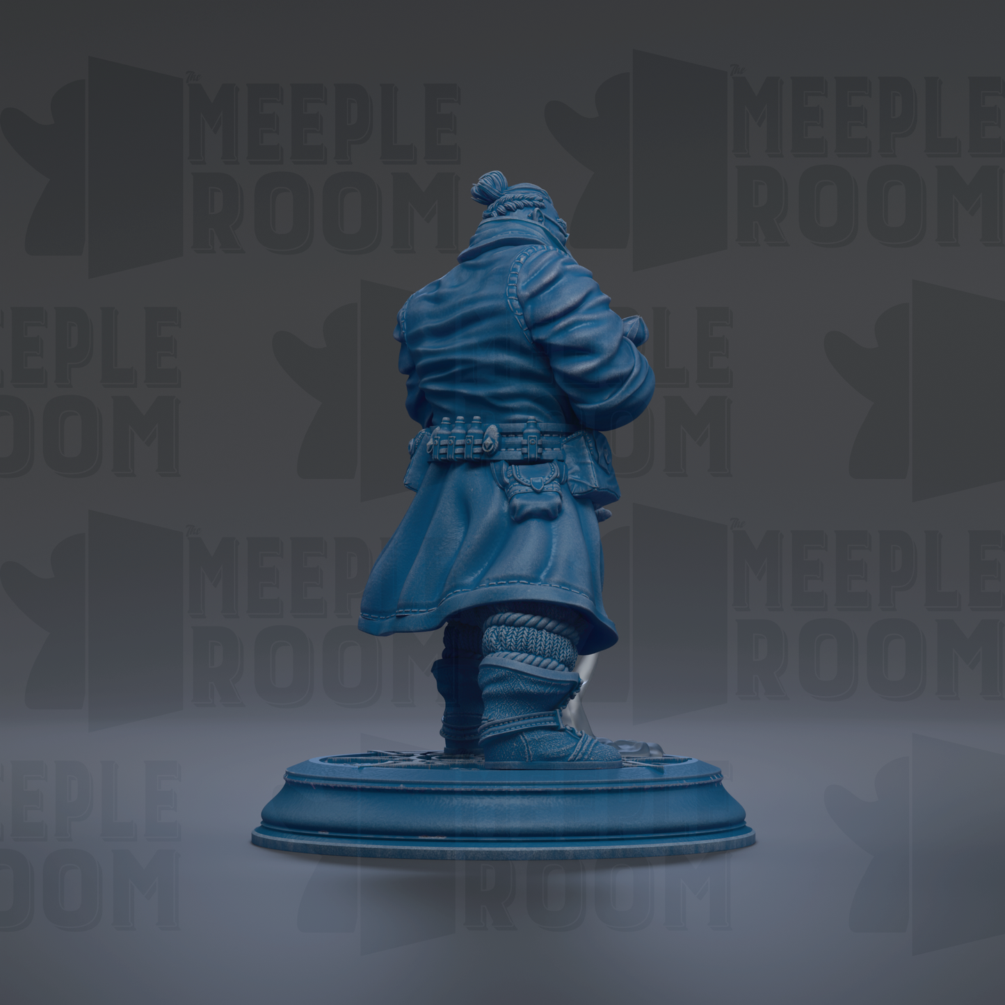 A blue statue of a person standing on a pedestal against a dark background.