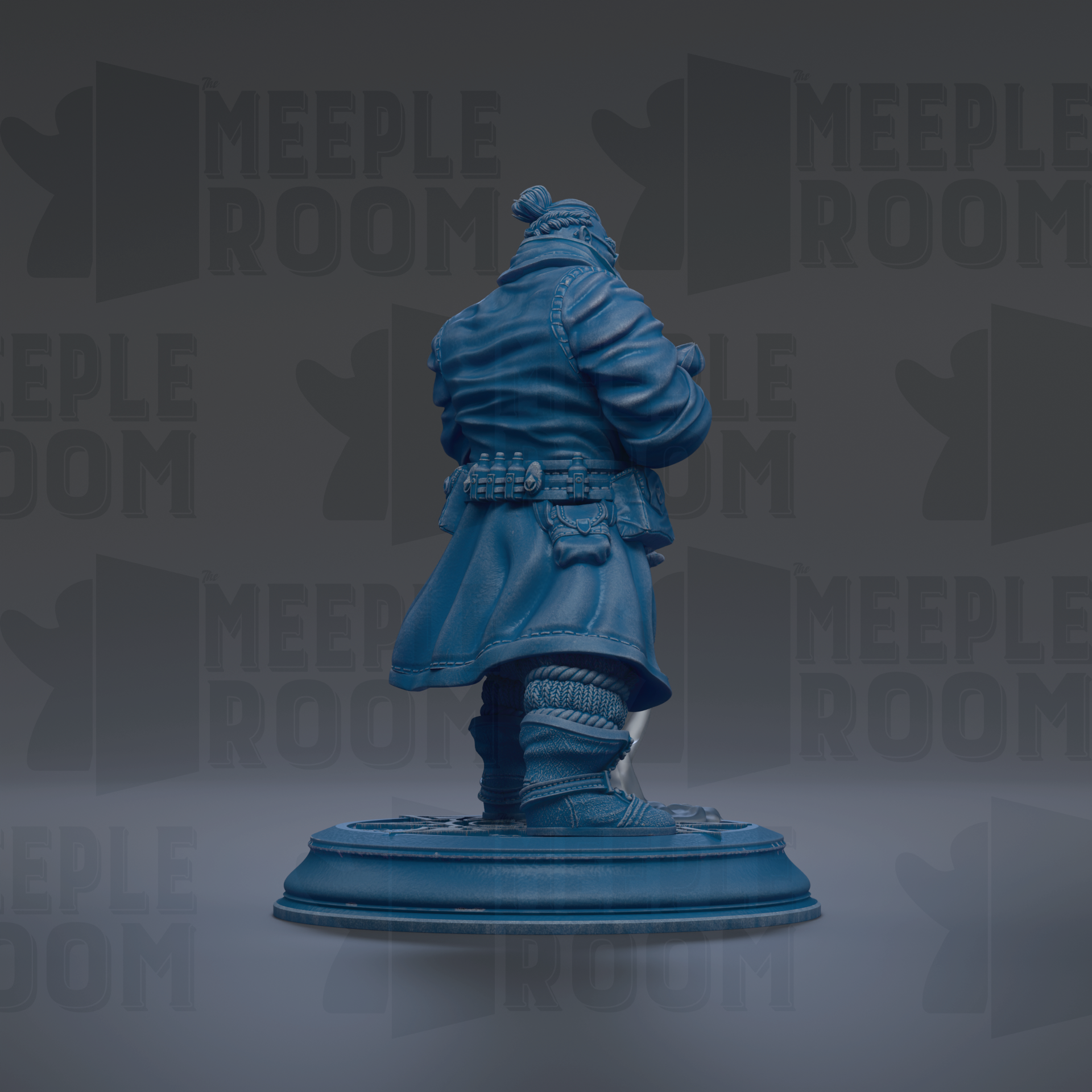 A blue statue of a person standing on a pedestal against a dark background.