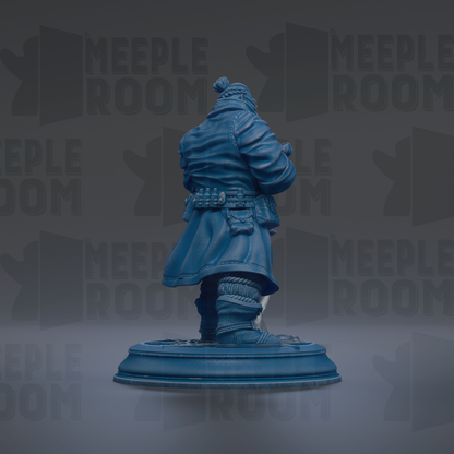 A blue statue of a person standing on a pedestal against a dark background.