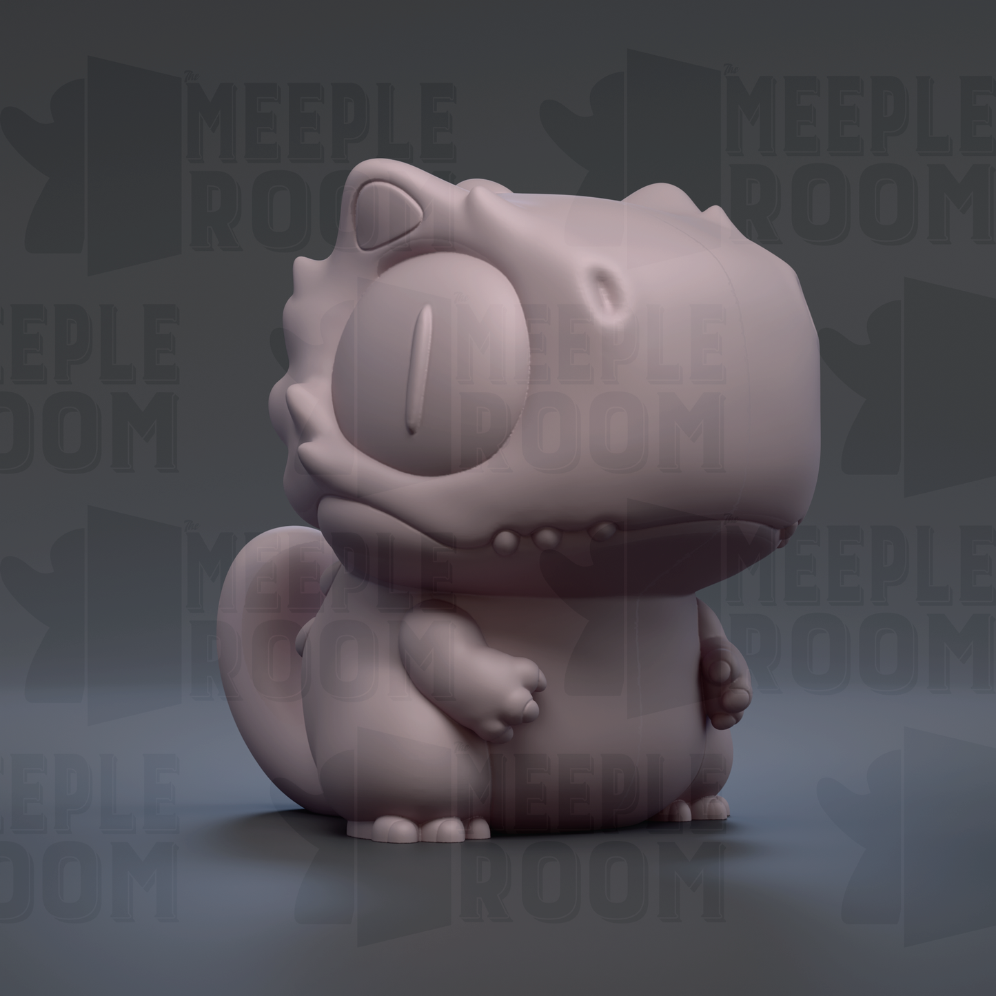 A 3D rendering of a small, cartoonish creature with a large head and a small body, sitting on a surface.