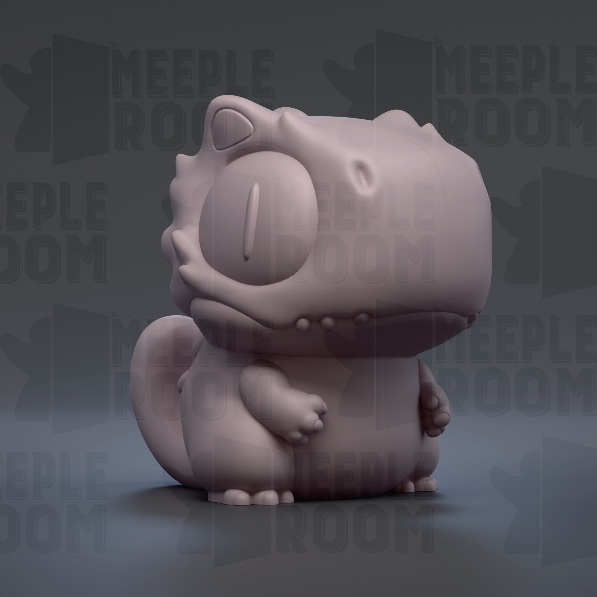 A 3D rendering of a small, cartoonish creature with a large head and a small body, sitting on a surface.