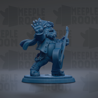 A blue figurine of a person playing a guitar is shown against a dark background with repeated text.
