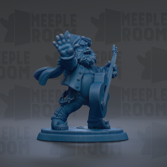 A blue figurine of a person playing a guitar is shown against a dark background with repeated text.