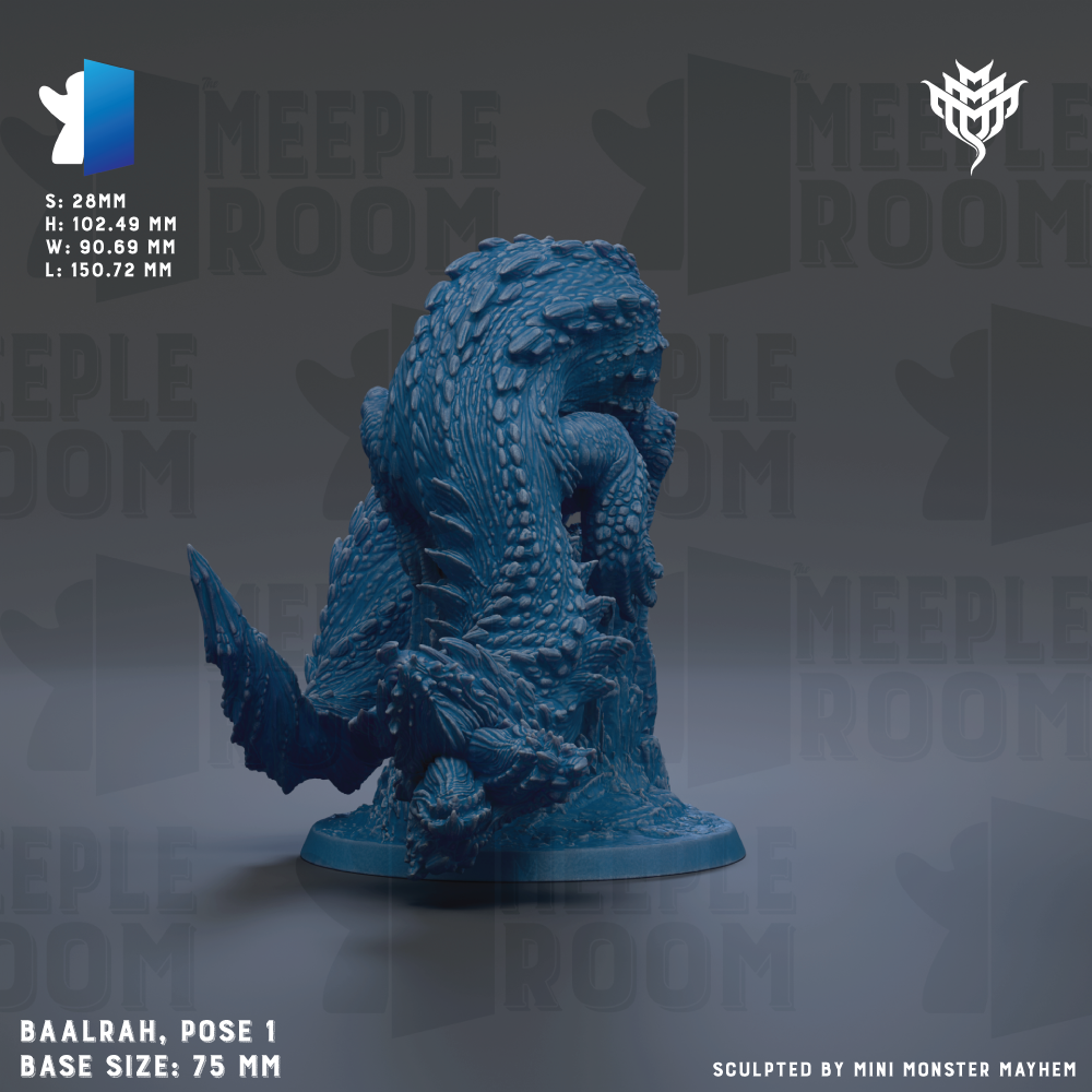 The image is a 3D rendering of a blue, scaly creature resembling a dragon or sea monster, sitting on a base. The creature is positioned in a pose that suggests it is ready to attack or defend. The image is labeled with the text "BAIRAH. Pose 1 Base Size: 7.5 mm" and "S:84mm H:102.49 mm W:150.72 mm L:150.72 mm".