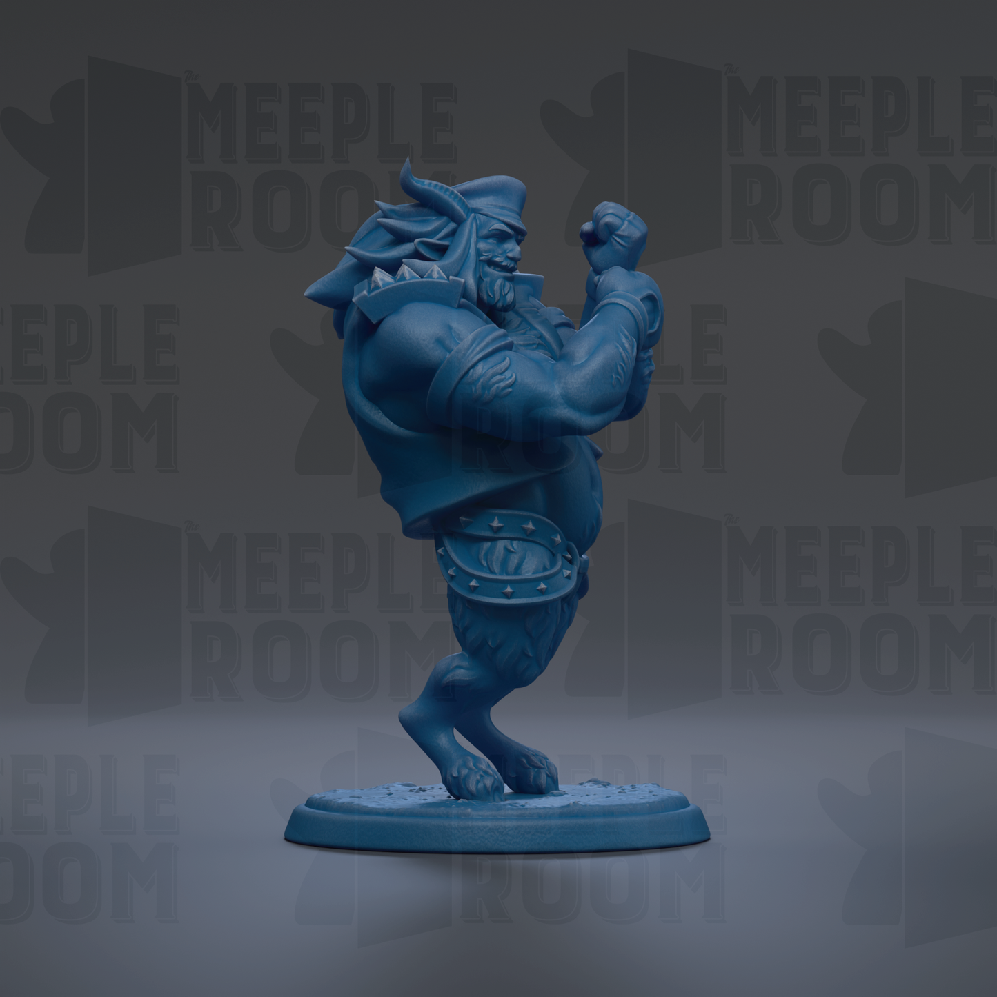 A blue figurine of a muscular, bearded character with a raised fist, standing on a base.