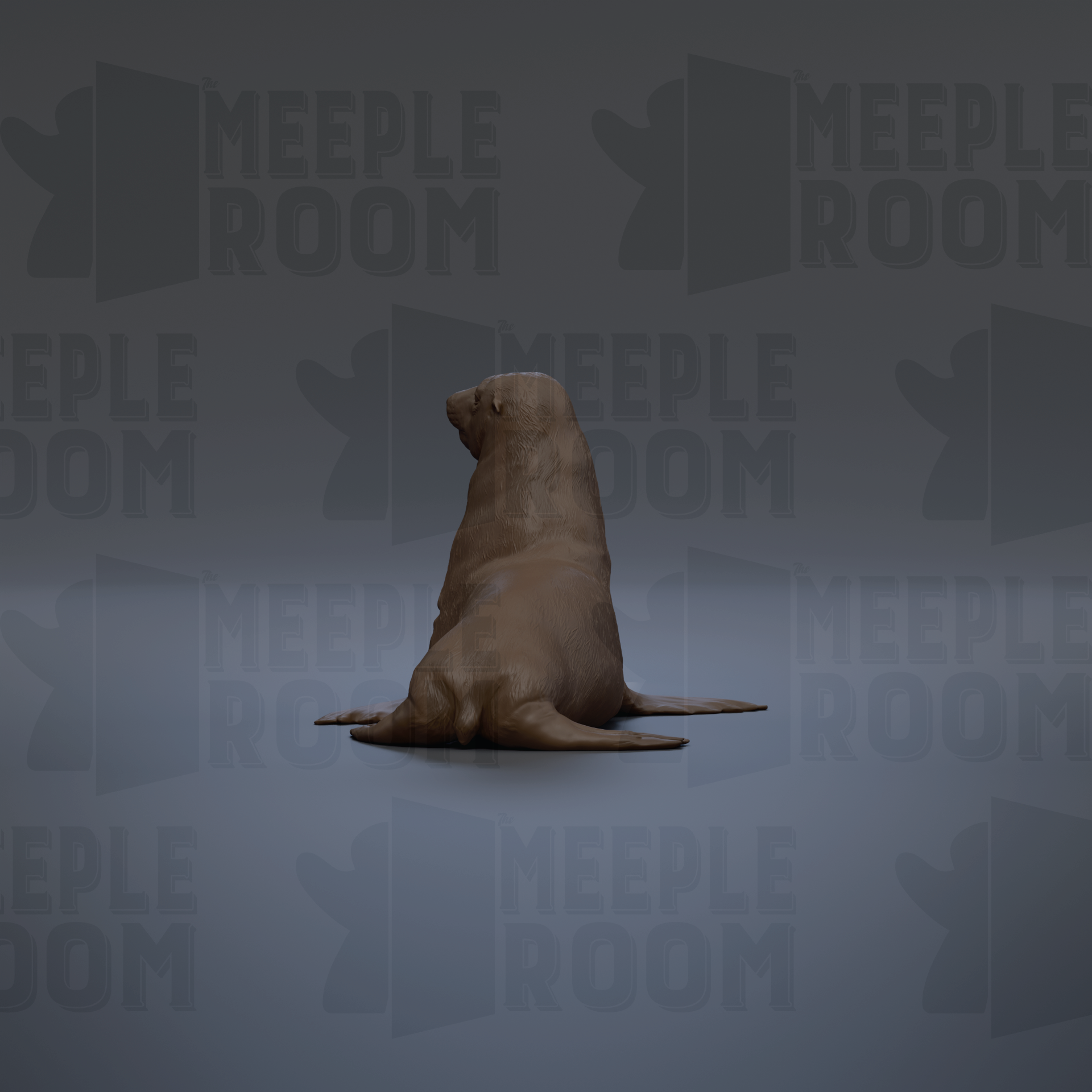 A 3D rendering of a seal sitting on its back against a dark background with repeated text.
