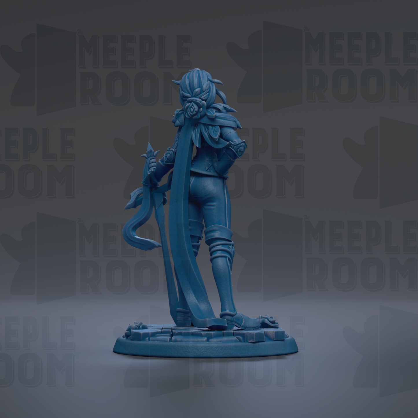 A blue figurine of a character with a long flowing cape and a sword, standing on a base against a dark background with repeated text.