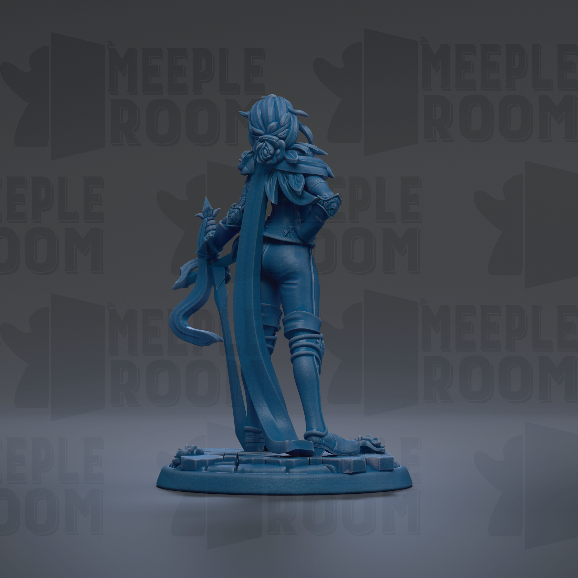 A blue figurine of a character with a long flowing cape and a sword, standing on a base against a dark background with repeated text.