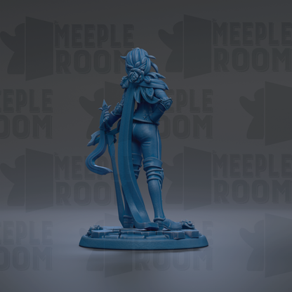 A blue figurine of a character with a long flowing cape and a sword, standing on a base against a dark background with repeated text.