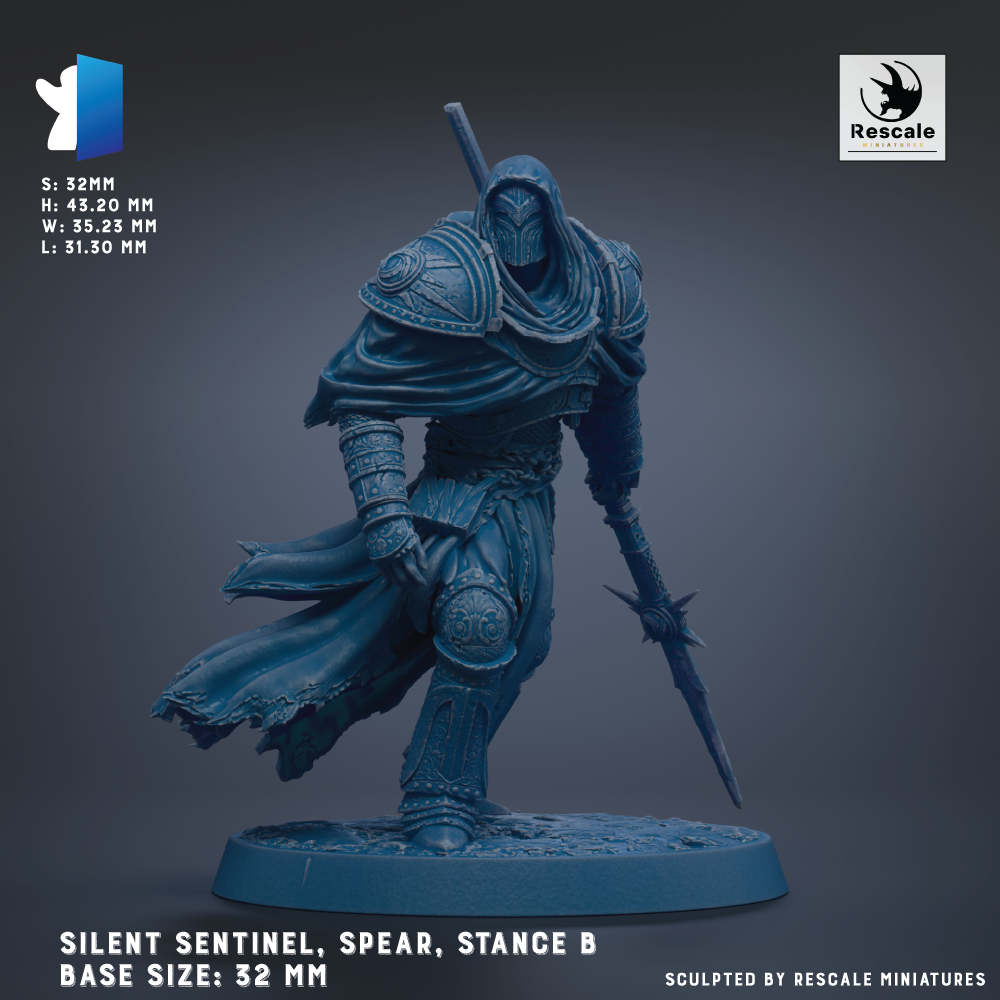 A detailed 3D model of a warrior figure in a blue color, standing on a base and holding a spear. The figure appears to be a knight or warrior character, with a flowing cape and a mask covering their face. The image is described as a sculpture of a warrior, and it is shown in a 3D rendering.