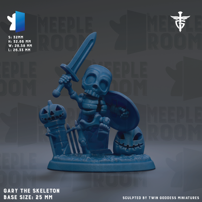 A blue figurine of a skeleton holding a sword and shield, with a pumpkin and a ghost-like figure in the background. The figurine is described as "GARY THE SLEETON" and "BASE SIZE: 25MM".