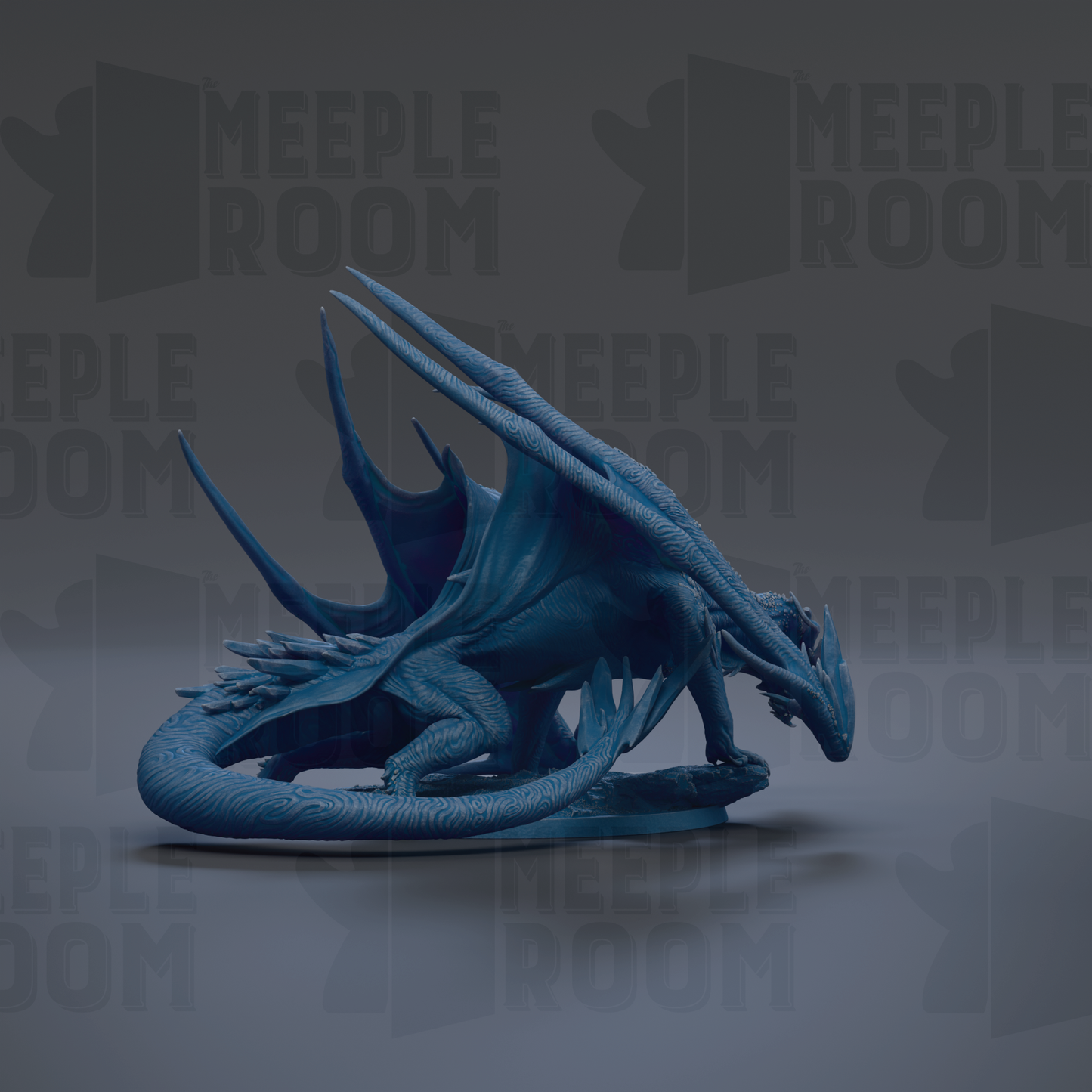 A blue dragon statue with outstretched wings is the central focus of the image.