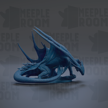 A blue dragon statue with outstretched wings is the central focus of the image.