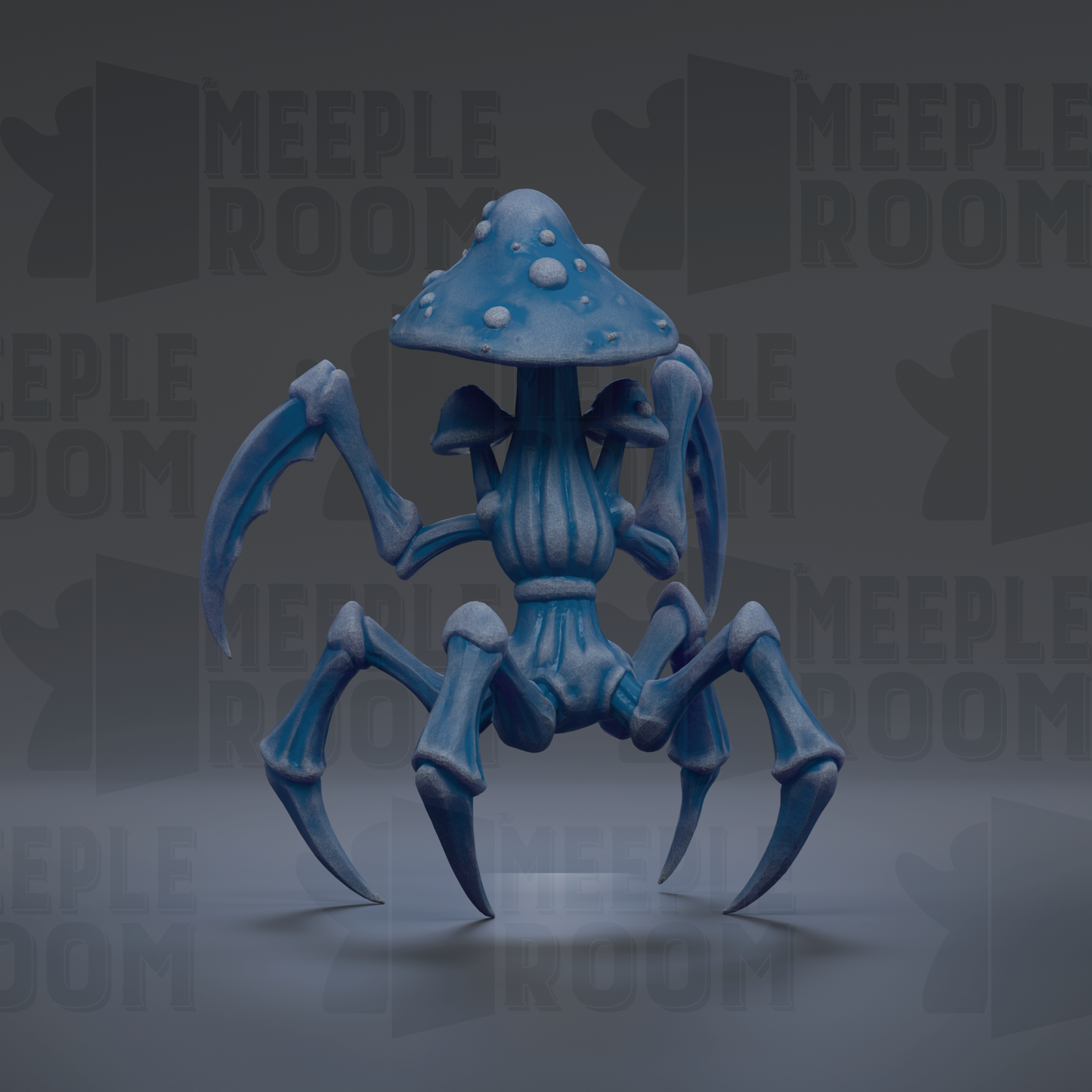 A blue mushroom-like creature with sharp claws and a large mushroom-shaped head stands in the center of the image against a dark background.