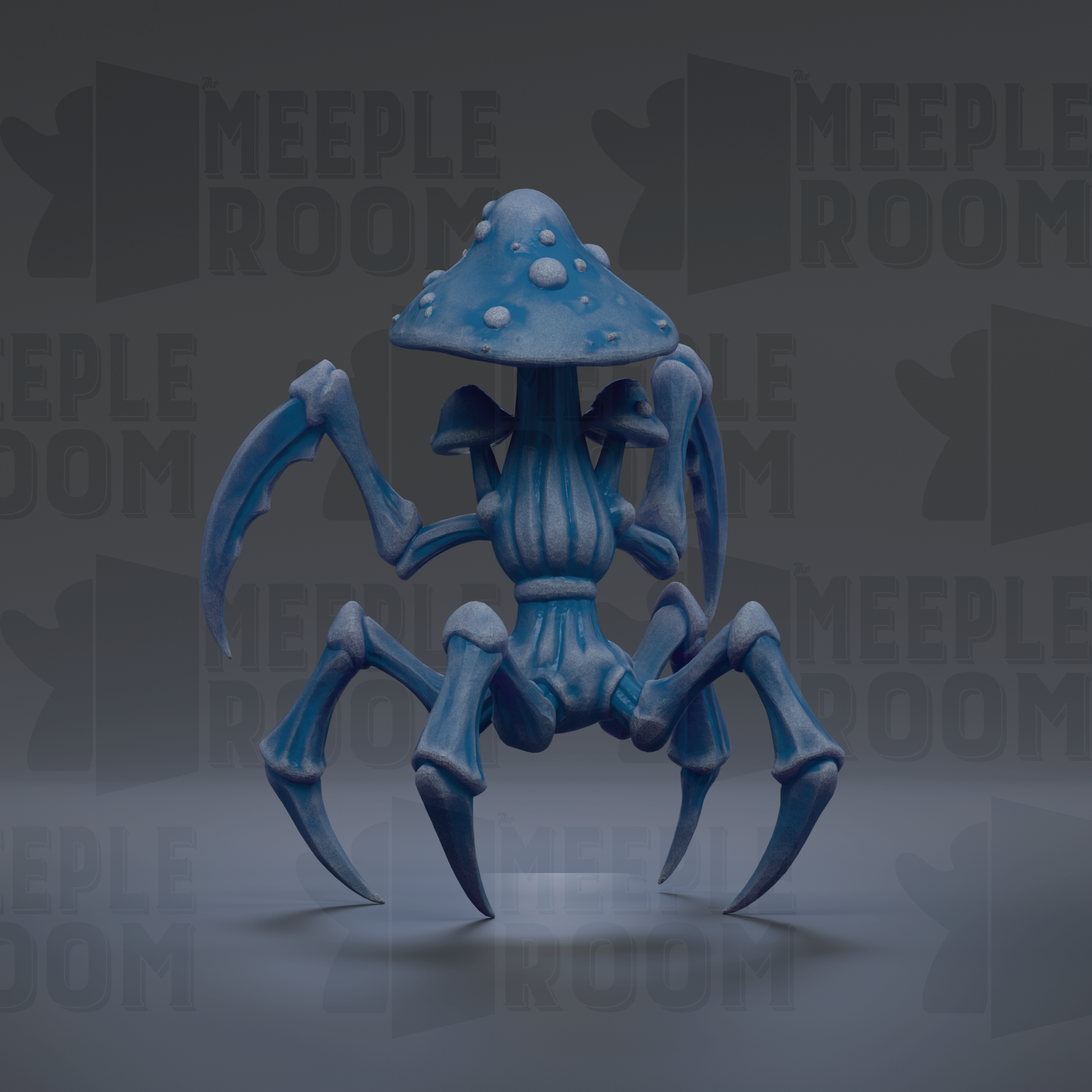 A blue mushroom-like creature with sharp claws and a large mushroom-shaped head stands in the center of the image against a dark background.