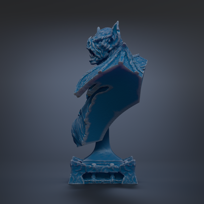 A blue, sculpted statue of a bat-like creature with a fierce expression, standing on a pedestal against a dark background.