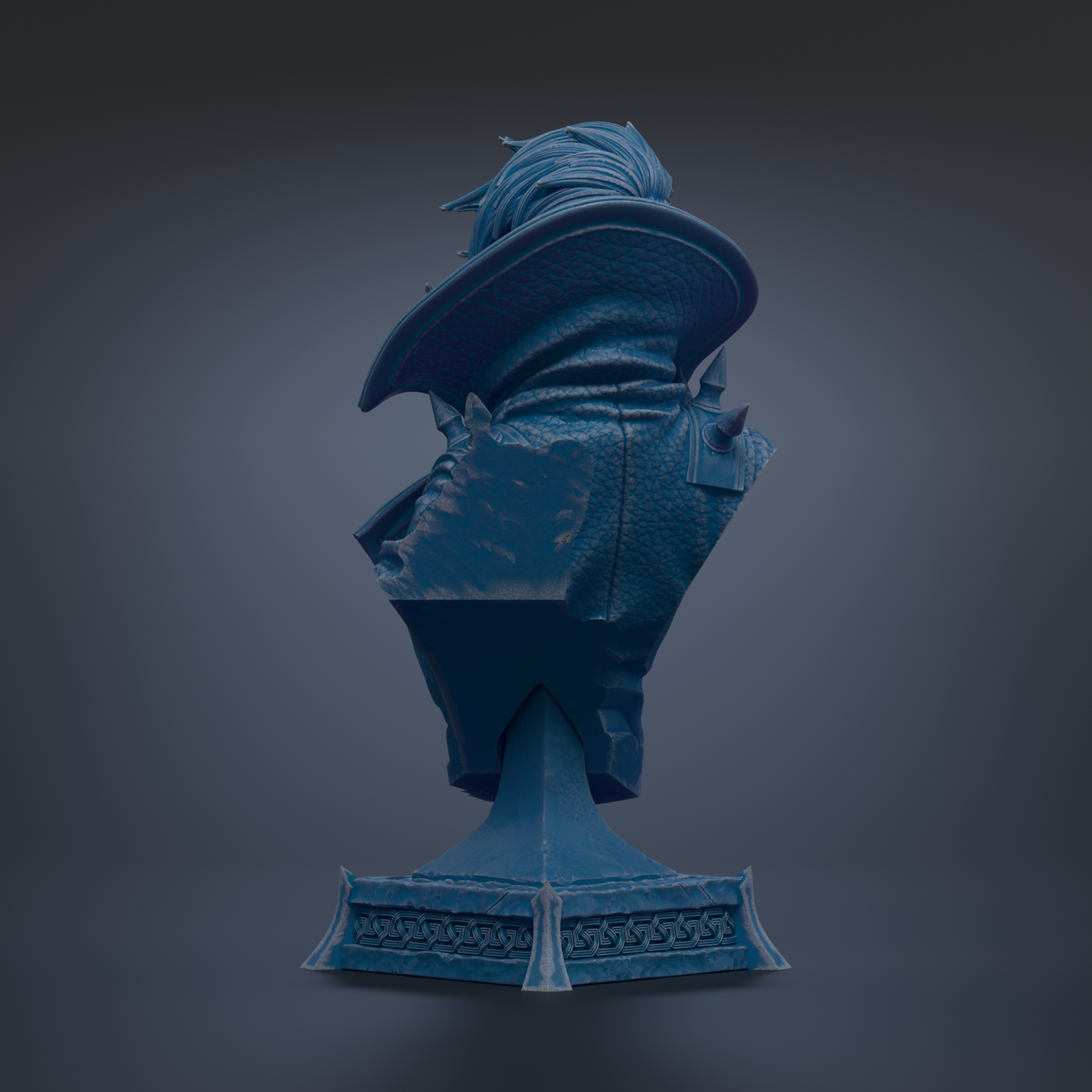 A 3D rendering of a blue statue or sculpture, with a dark background.
