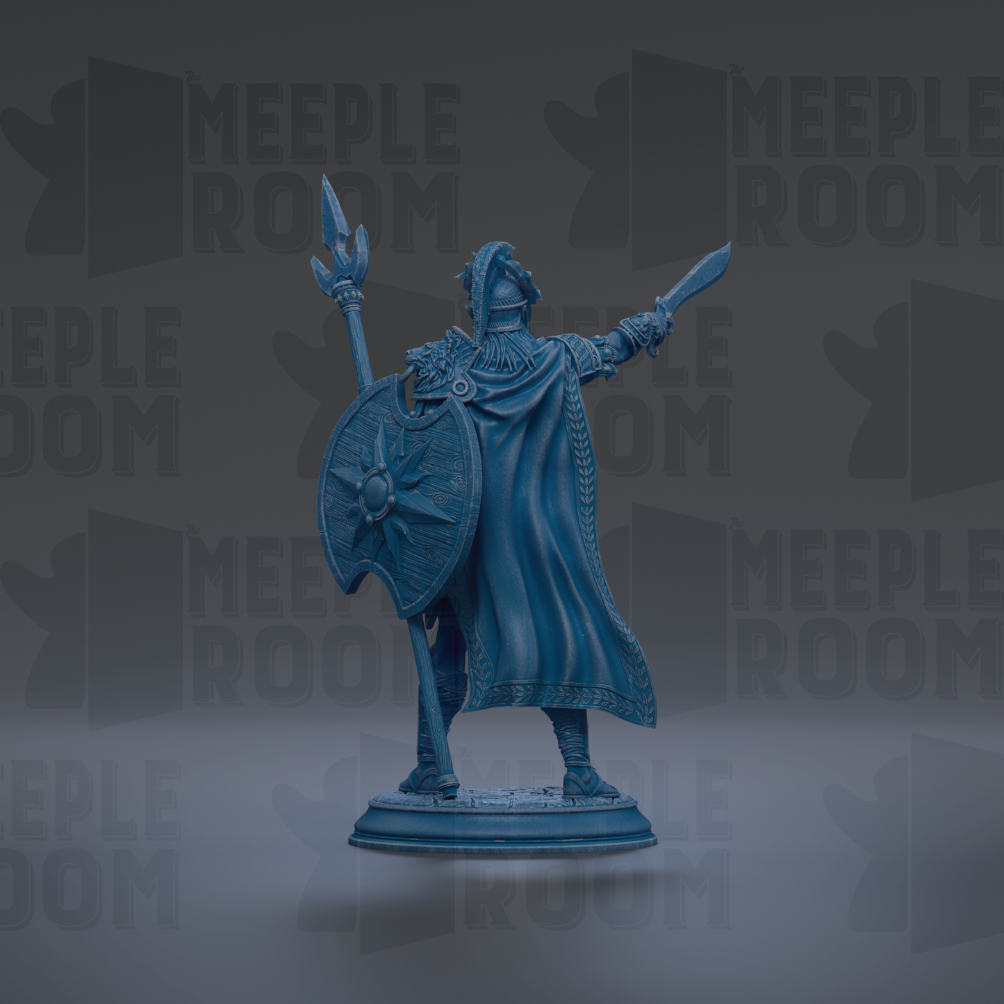 A blue figurine of a warrior standing with a shield and sword, against a dark background with repeated text.