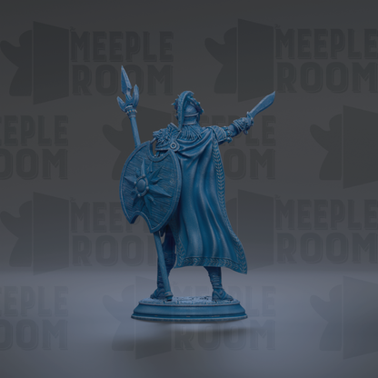 A blue figurine of a warrior standing with a shield and sword, against a dark background with repeated text.