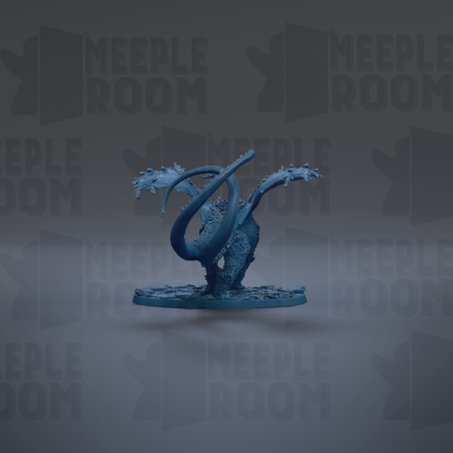 A blue figurine of a creature with a long, curved tail and wings is displayed against a dark background with repeated text.