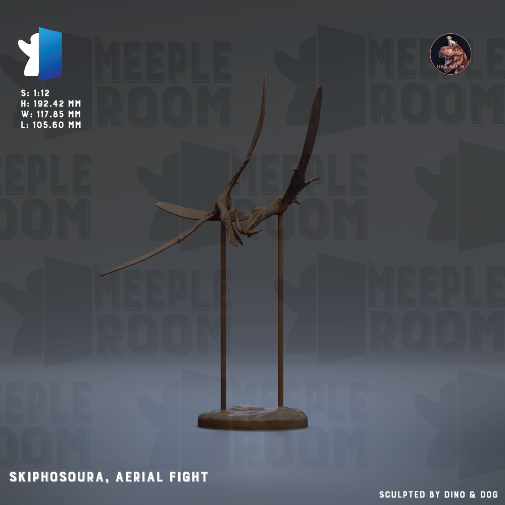 The image is a 3D rendering of a Skiphosora, an aerial fight model, displayed on a stand.
