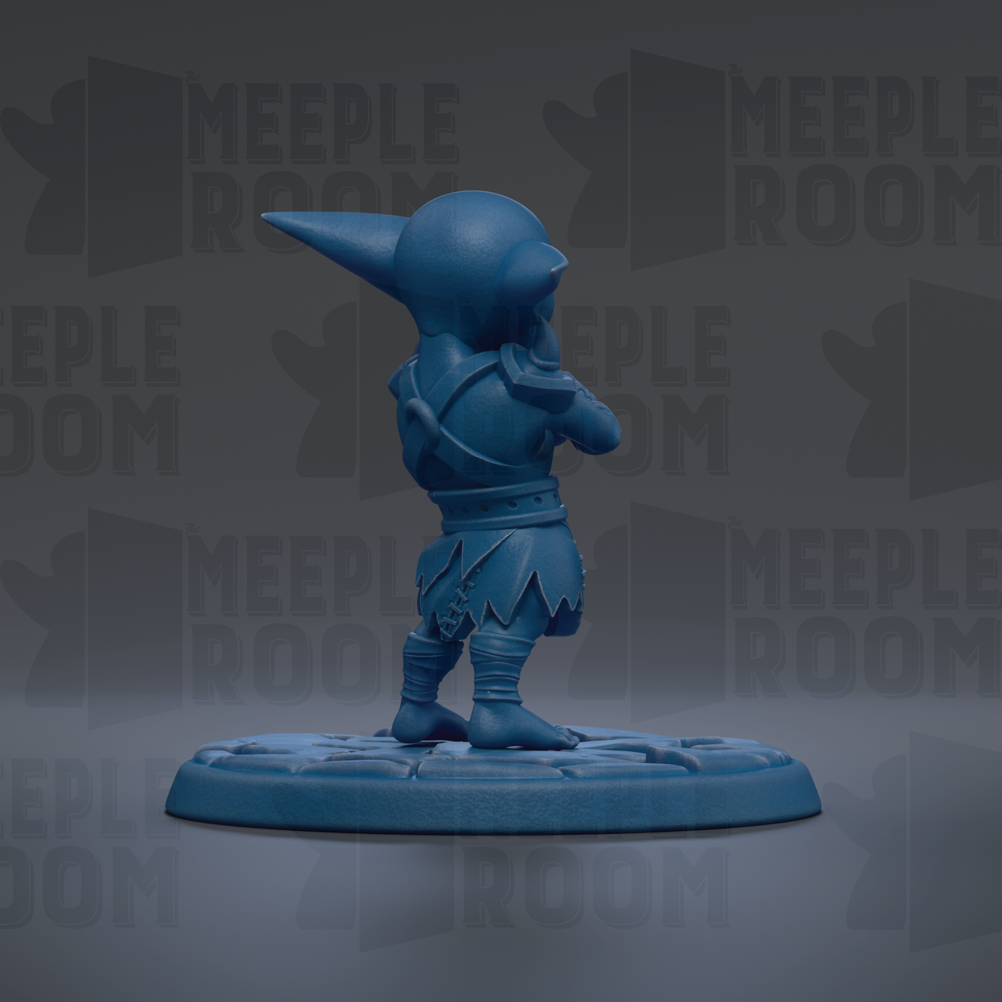 A blue figurine of a character from a video game, standing on a platform and facing away from the camera.
