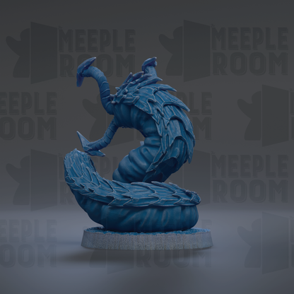 A blue, 3D-rendered creature resembling a snake or cobra, with a textured, armored appearance, is displayed against a dark background with repeated text.