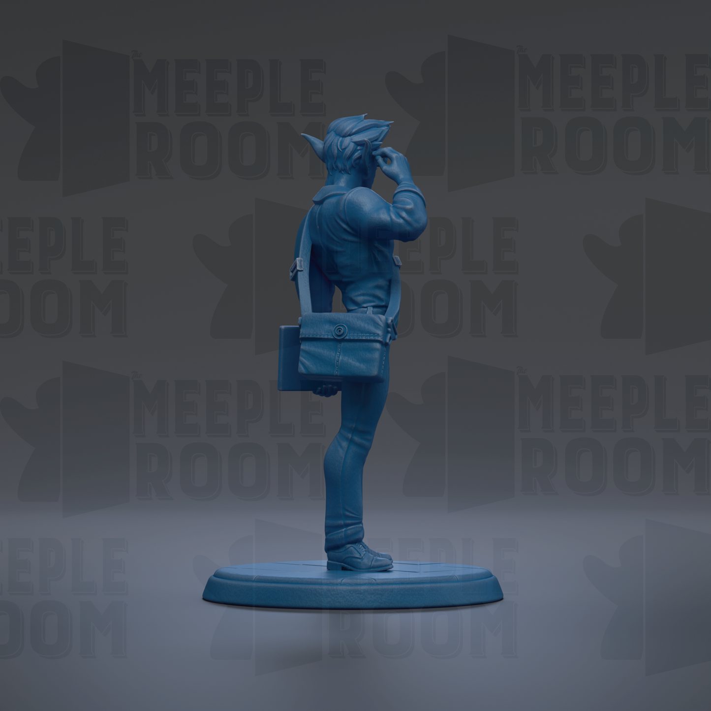 A blue figurine of a person standing on a platform, holding a bag in their hand.